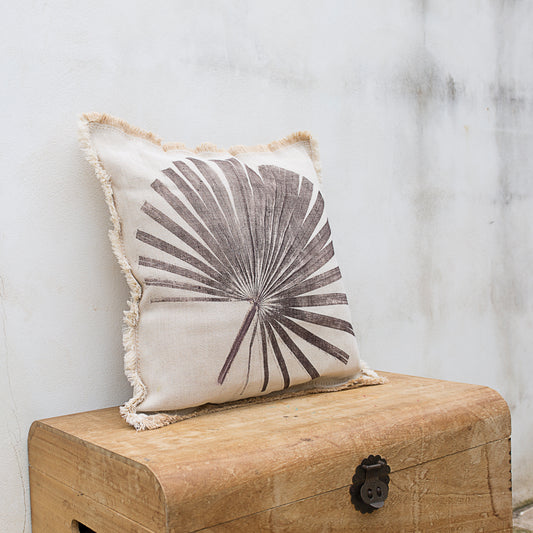 Hand-Printed Washingtonia Leaf Cushion Cover | Cotton & Jute Blend | fuga in Sicily