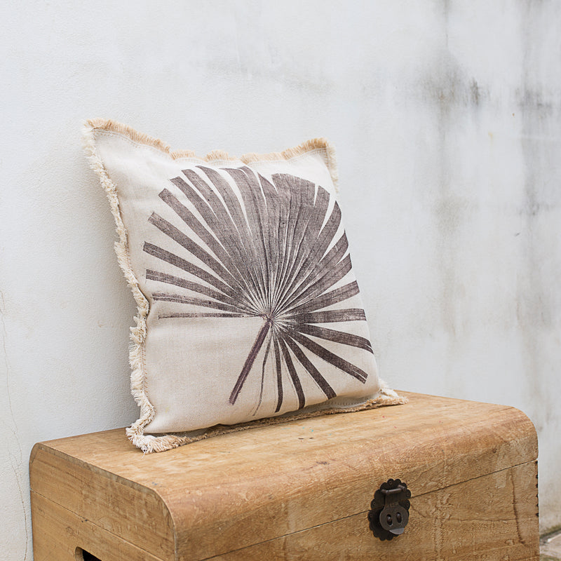 Hand-Printed Washingtonia Leaf Cushion Cover | Cotton & Jute Blend | fuga in Sicily