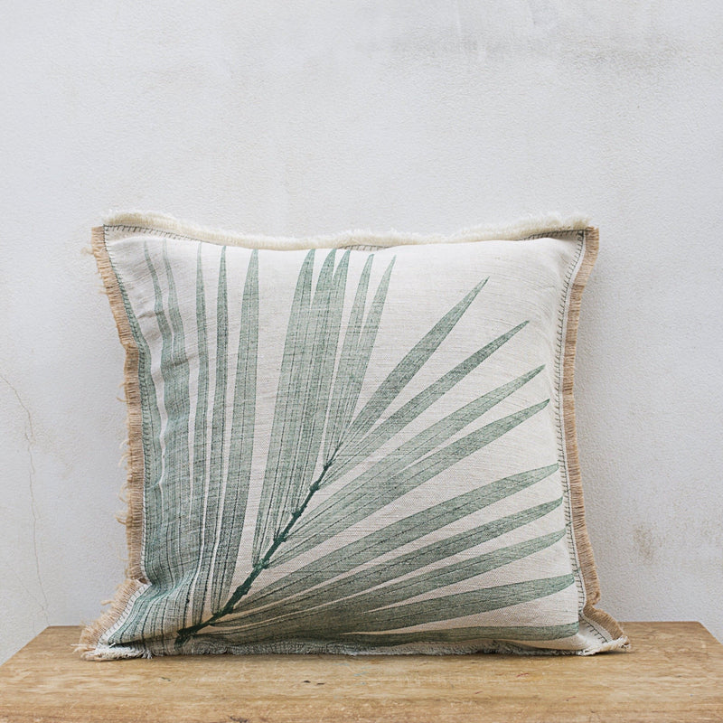 Hand-Printed Kentia Leaf Cushion Cover | Cotton & Jute Blend | fuga in Sicily
