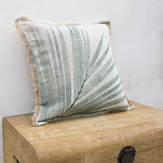 Hand-Printed Kentia Leaf Cushion Cover | Cotton & Jute Blend | fuga in Sicily