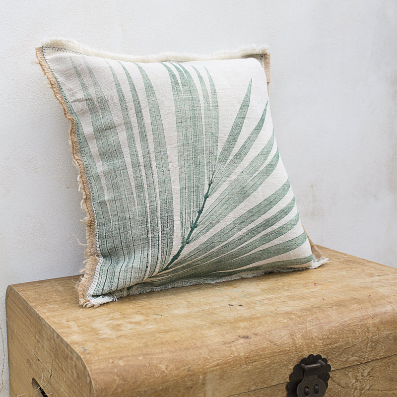 Hand-Printed Kentia Leaf Cushion Cover | Cotton & Jute Blend | fuga in Sicily