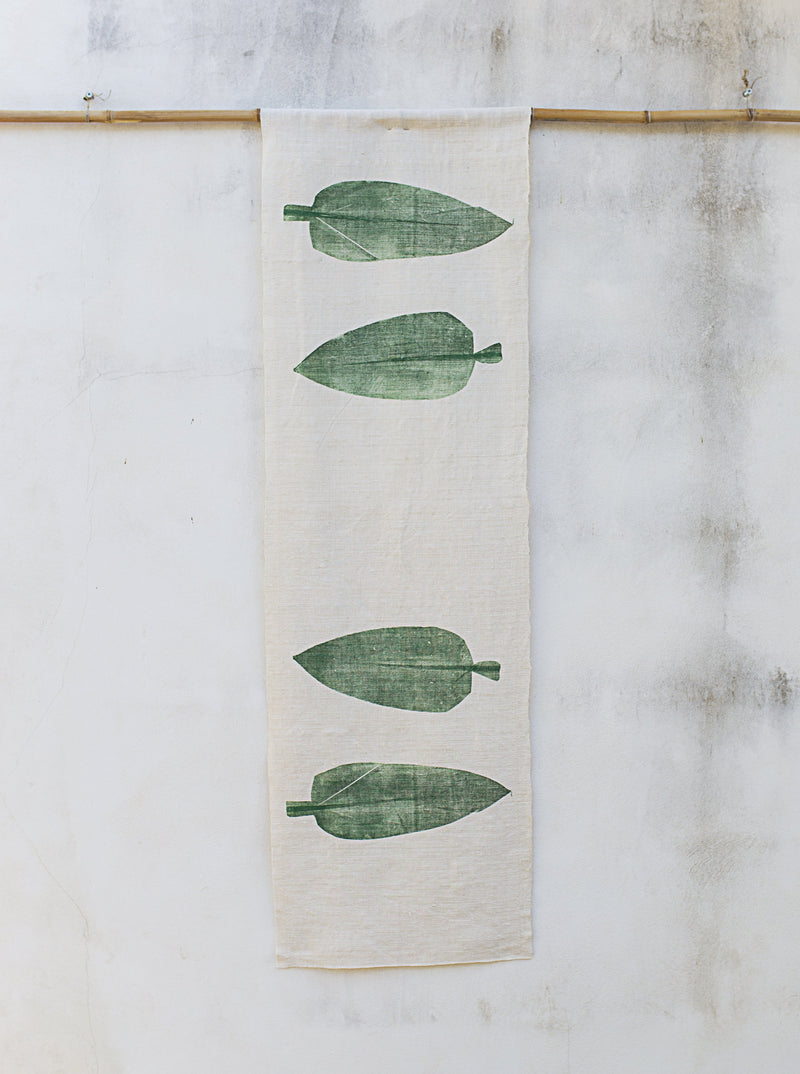 Hand-Printed Alpinia Leaf Tablecloth | Cotton & Jute Blend | fuga in Sicily