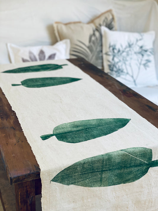 Hand-Printed Alpinia Leaf Tablecloth | Cotton & Jute Blend | fuga in Sicily