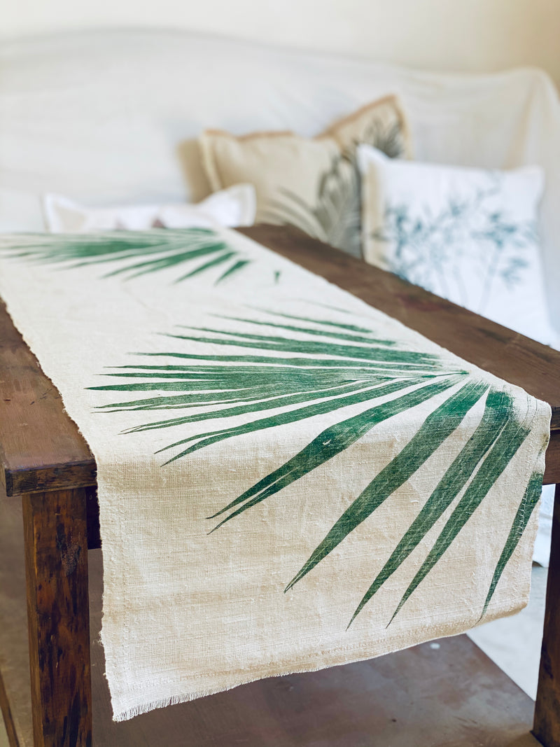 Hand-Printed Kentia Leaf Tablecloth | Cotton & Jute Blend | fuga in Sicily